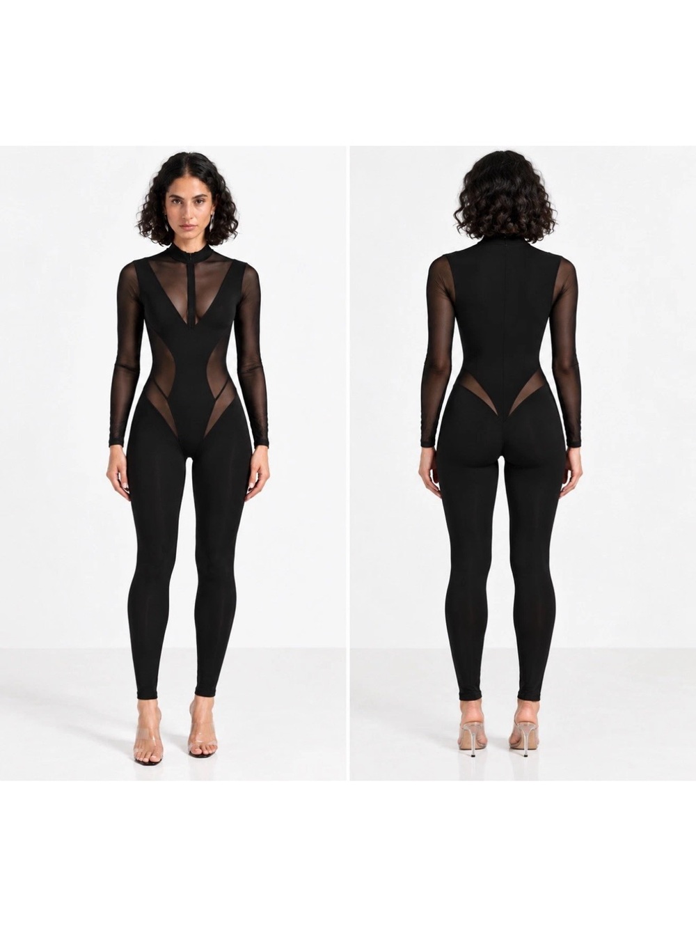 Sz Medium US 8 ❤️ Maniere De Voir Women’s Mesh Cutout Jumpsuit Black Zip Front